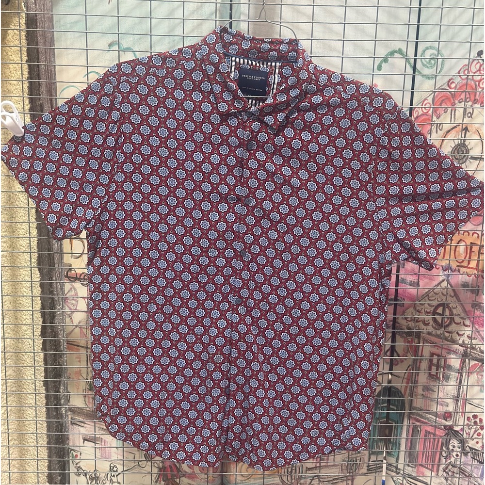 Denim & Flower Mens Button Down Slim Fit Shirt Short Sleeve Floral Multicolor XL